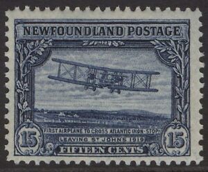NEWFOUNDLAND 156 1928 15c DARK BLUE BIPLANE 1919 FIRST TRANSATLANTIC FLIGHT MNH