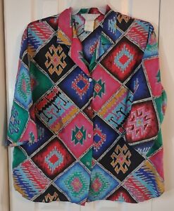 Ladies Colorful Aztec & Argyle Button Up Shirt-3/4 Sleeve-Plus Size 1X-Blair