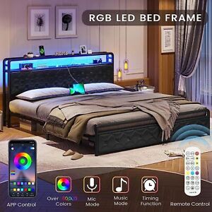 King LED Bed Frame with Storage Headboard Faux Leather Platform Bed Frame Black
