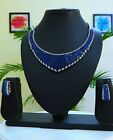 Indian Bollywood Silver Plated Jewelry Blue CZ AD Choker Necklace Earrings Set