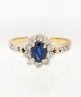14K 2.9g Solid Yellow Gold Sapphire Lady's Diamond Encrusted Halo Ring Size-6