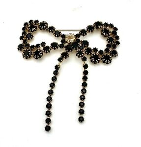 Vintage Signed SCHREINER NY Black Rhinestone Gold dangle bow Brooch Pin