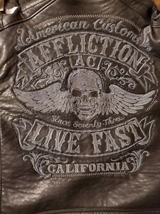 Affliction Black Premium Large Faux Leather  Skull Moto Jacket2x fitted read xl
