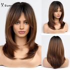 Long Natural Layered Wave Dark Brown Hair Wigs with Bangs Synthetic Daily Use