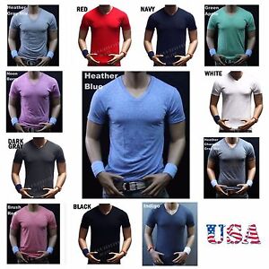 Men Slim T-Shirt V-Neck Fashion Muscle Plain Solid Casual Active Gym Tee S-2X