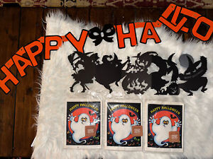Lot of Vintage Die Cut Halloween Paper Decorations Witch Cat Pumpkin & More
