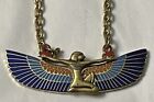 Vintage Cloisart Necklace Egyptian Goddess Isis Wings Enamel Pendant 18” Chain