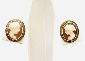 VINTAGE ANTIQUE 14K SOLID YELLOW GOLD CAMEO CARVED SHELL POST EARRINGS