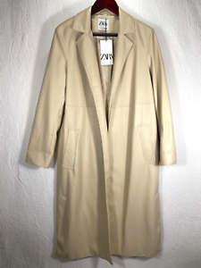 Zara Womens Long Open Ivory Trench Coat Faux Leather Size S