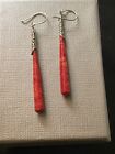 STERLING SILVER 925 3 INCH NATURAL SPONGE RED  CORAL DANGLE EARRINGS