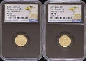 2021 $5 1/10 oz American Gold Eagle Type 1 & 2 NGC MS70 FDOI Label 2 Coin Set