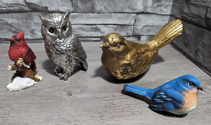 Lot Of 4 Vintage Bird Figurines Owl Cardinal Blue Bird Gold Silver Decor
