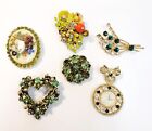 6 Vintage Brooches Lot Green Rhinestone Enamel Flowers Heart Austria