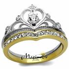 2 Tone Princess Royalty Crystal Crown Stainless Steel Wedding Ring Set Size 5-10