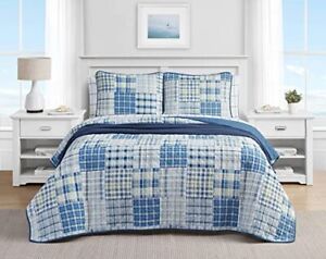 Nautica Raeford Cotton Grey & Blue 3 Piece Quilt Set-Full/Queen