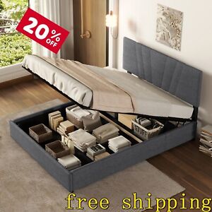 New ListingFull Size Bed Frame with Lift Up Storage and Modern Tufted Headboard Grey Blue