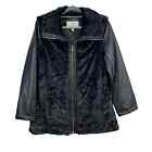 Dennis by Dennis Basso Black Faix Leather Fur High Neck Full Zip Long Line Coat