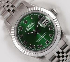 Rolex Lady Datejust 26mm Stainless Steel Watch-Green Roman Dial-18k Fluted Bezel