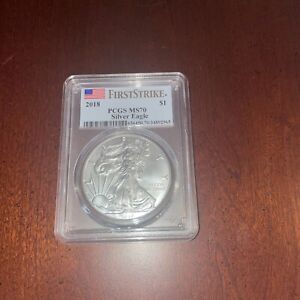 2018 SILVER EAGLE PCGS MS 70 FIRST STRIKE FLAG LABEL White Glare In Photo Only