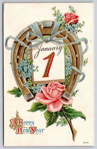 Holiday~A Happy New Year~Horseshoe W/ Ribbon & Pink Rose~Emb~Vintage Postcard