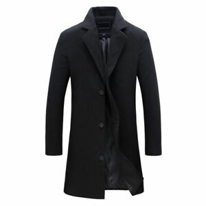 Men Artificia Wool Long Jacket Trench Coat Single Breasted Overcoat Warm Outwear