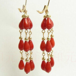 AAA Genuine 100% natural red coral earrings 14K gold hoop Dangle Drop Wedding