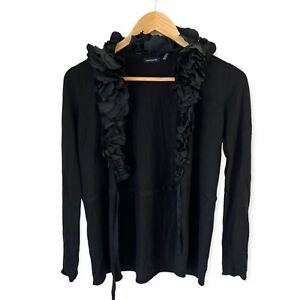 Magaschoni Silk Cashmere Cardigan Sweater XS Tie Front Black Ruffles Long Sleeve
