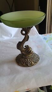 Vintage BRASS Koi Fish Dolphin Pedestal Dish With Green Glass 7.5” Tall
