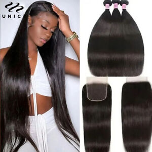 UNice Indian Straight 3 Bundles with Lace Closure Human Hair Weaves Extension US