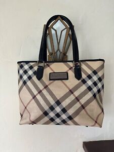 BURBERRY LARGE TOTE BEIGE NOVA CHECK PATENT LEATHER HANDLES  AUTHENTIC