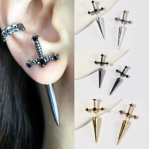 Men Women Goth Dagger Sword Screw Piercing Earrings Stainless Steel Punk Jewelry