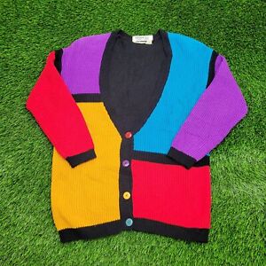Vintage 90s Colorful Rainbow Knitted Cardigan Womens S 20x26 Primary-Colors Cozy