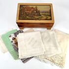 Vintage Wood Jewelry Box Thatched Cottage Decoupage + Lot Of 8 Handkerchiefs