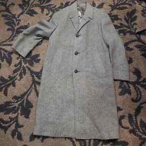 Vintage Harris Tweed Harringbone Pure Scottish Wool Mens L/XL Trench Coat Tan