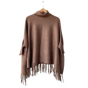 MAGASCHONI Poncho Sweater Wool Blend Brown Turtleneck Fringes Pullover Women’s S