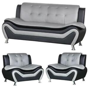 3 Piece Living Room Set with Sofa and 2 Armchairs in Black/Gray