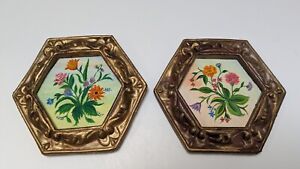 Vintage Hand Painted Canvas Flowers in Golden Hexagon Frame Small
