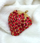 Strawberry  Red Rhinestones Brooch Gold Tone Back Shiny Bling Statement 80s Pin