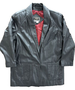 Vtg Black Genuine Signiture Leather Long Jacket Womens Size Large Lined Blazer
