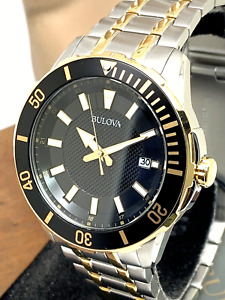 Bulova Men's Watch 98B394 Black Dial Date Quartz Two Tone Stainless Steel 44mm