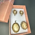 Antique Primitively Carved Shell CAMEO Brooch Earring Pendant LOT - 3 Pieces