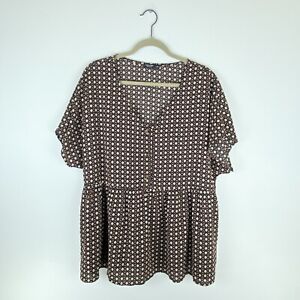 Shein Curve Womens 2XL Blouse Babydoll Flare Short Sleeve Top V Neck Brown Beige
