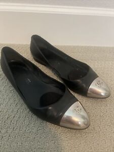 Chanel Black Leather Flats With Silver Metal Toe Sz 38.5