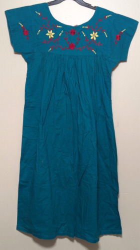 Sea Wind Vintage 80s blue Cotton Mexico Embroidered Kaftan Dress Size 2X #167