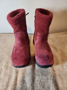 LL Bean Womens Winter Boots 05455 Red Leather Suede Fleece Side Zip Size 8M