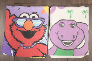 Elmo Surfing & Barney with Flip Flops 1990's Vtg. Beach Towels Lot of 2