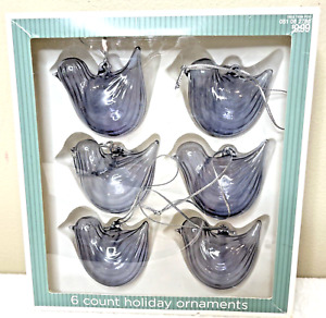 Cute Glass Bird Ornaments Blueish Gray Glass Christmas Holiday Set of 6 in box