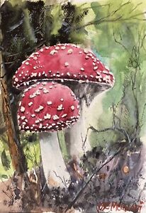 ORIGINAL Watercolor Painting   Fly Agaric Mushrooms 7.1/2