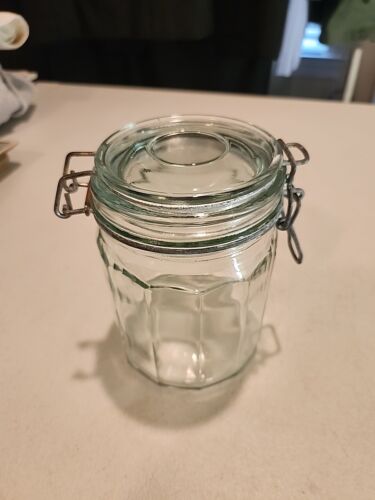 Vintage 5-3/4” Tall 12 Panel Glass Clear Glass Jar with Wire Bail No Seal