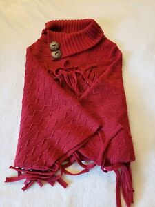 C'Mode Sweater Poncho Womens One Size Cable Burgandy Button Collar Fringe
